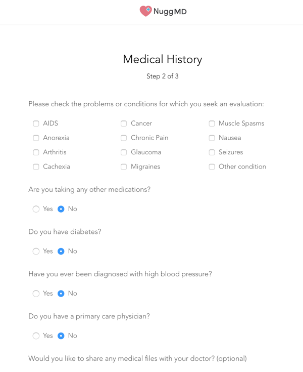 NuggMD Medical History Screen